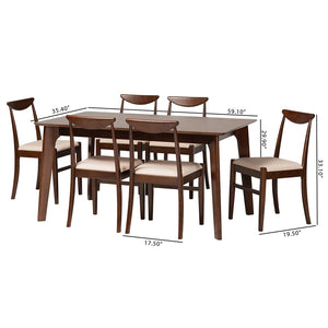 Baxton Studio Delphina Mid-Century Modern Cream Fabric And Dark Brown Finished Wood 7-Piece Dining Set