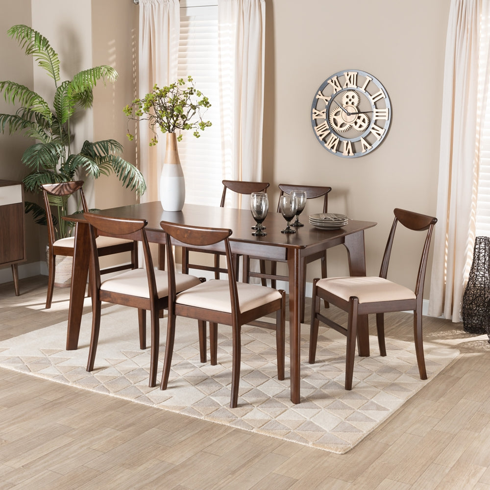 Baxton Studio Delphina Mid-Century Modern Cream Fabric And Dark Brown Finished Wood 7-Piece Dining Set