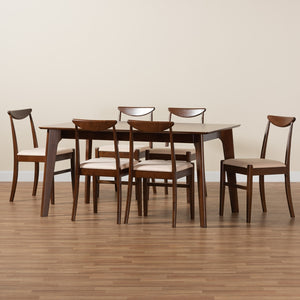 Baxton Studio Delphina Mid-Century Modern Cream Fabric And Dark Brown Finished Wood 7-Piece Dining Set