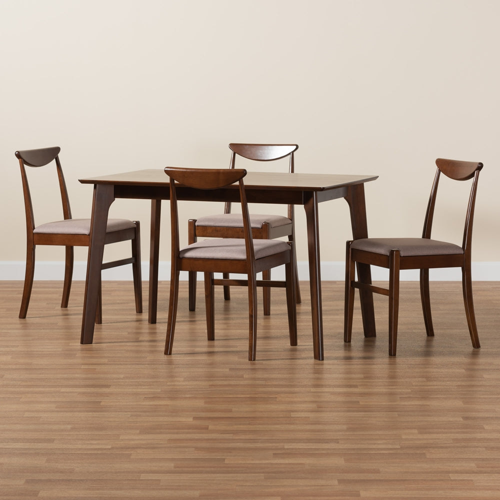 Baxton Studio Delphina Mid-Century Modern Warm Grey Fabric And Dark Brown Finished Wood 5-Piece Dining Set