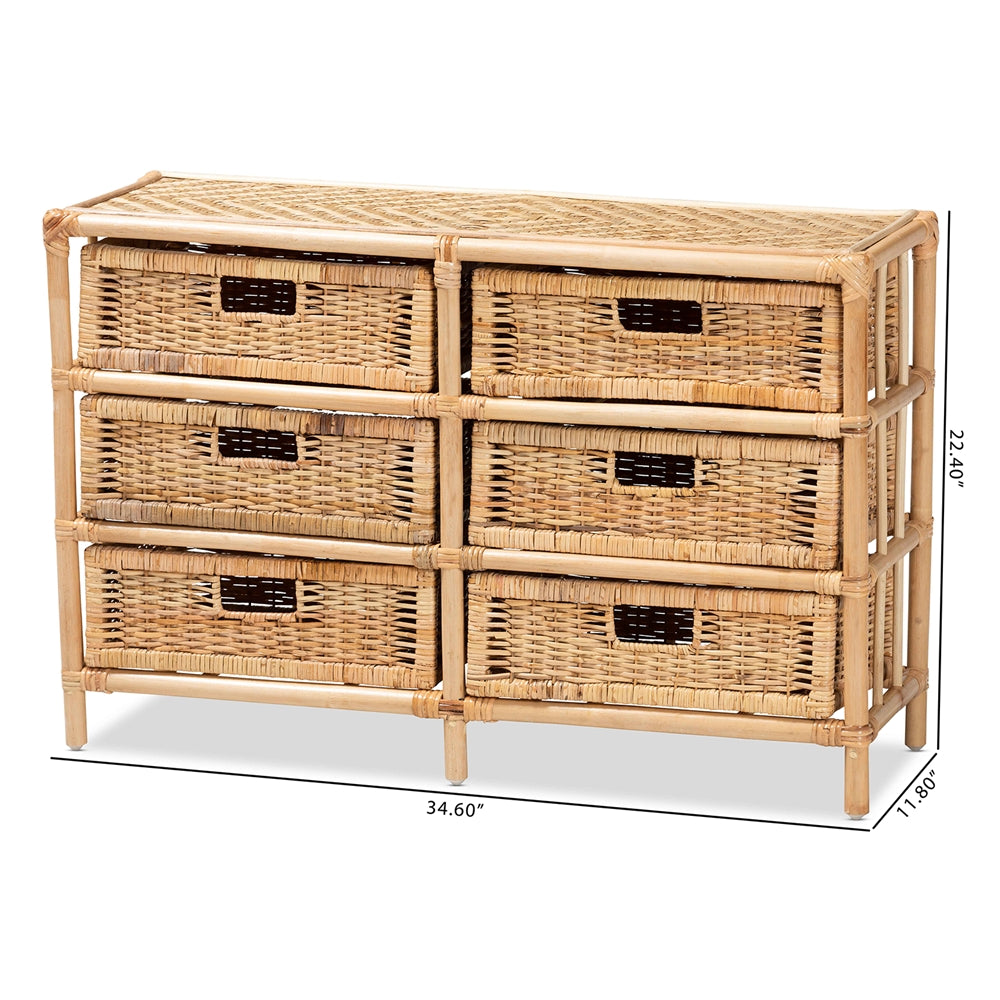 Baxton Studio Dariana Modern Bohemian Natural Brown Rattan 6-Drawer Storage Cabinet