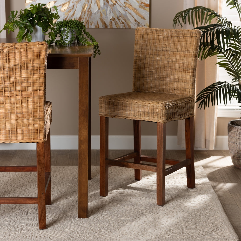 Baxton Studio Racquel Modern Bohemian Natural Rattan And Mahogany Wood Counter Stool