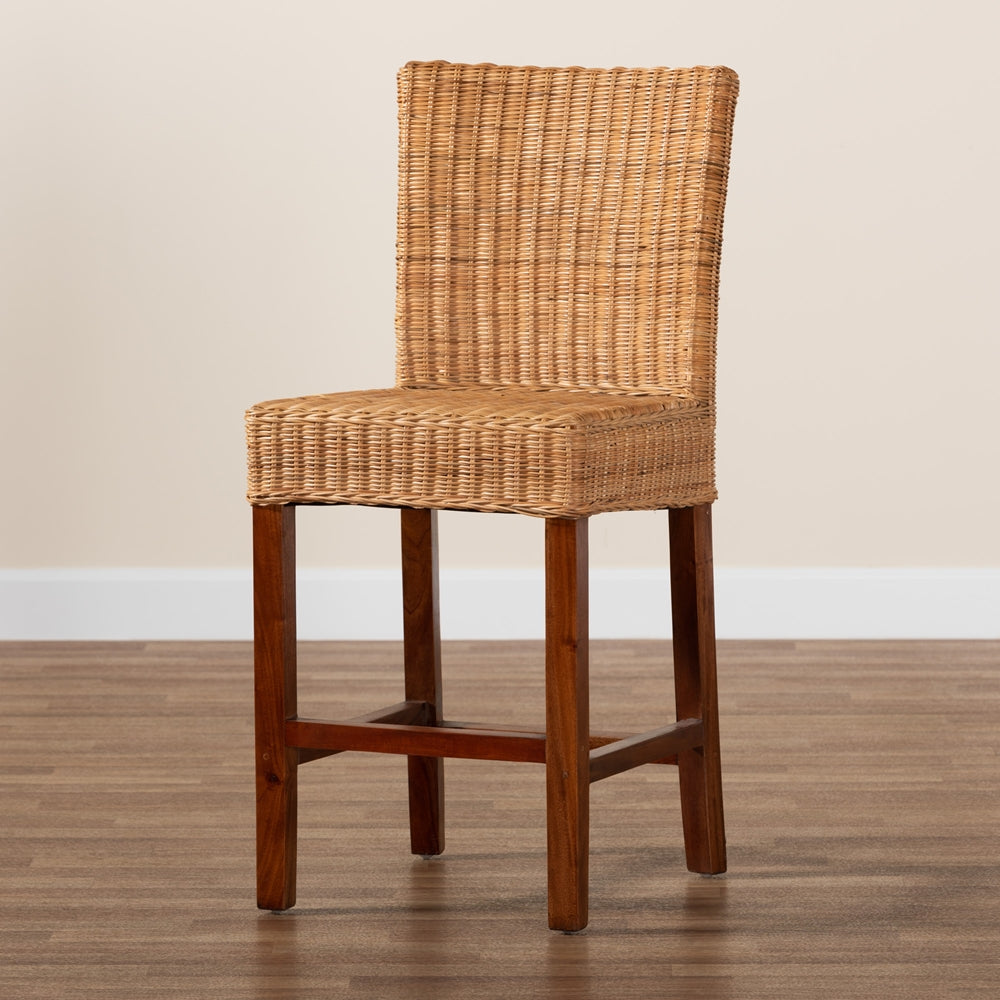 Baxton Studio Racquel Modern Bohemian Natural Rattan And Mahogany Wood Counter Stool