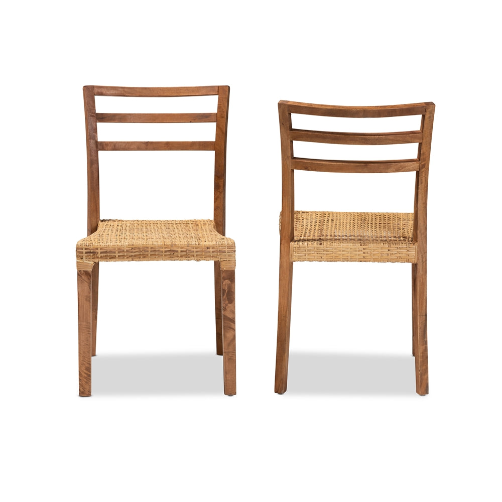 Baxton Studio Arthur Mid-Century Modern Walnut Brown Mahogany Wood And Natural Rattan 2-Piece Dining Chair Set