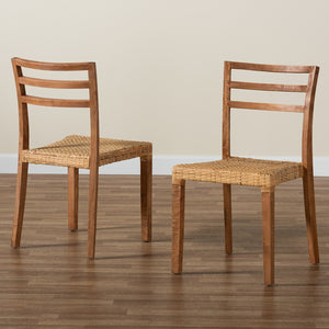 Baxton Studio Arthur Mid-Century Modern Walnut Brown Mahogany Wood And Natural Rattan 2-Piece Dining Chair Set