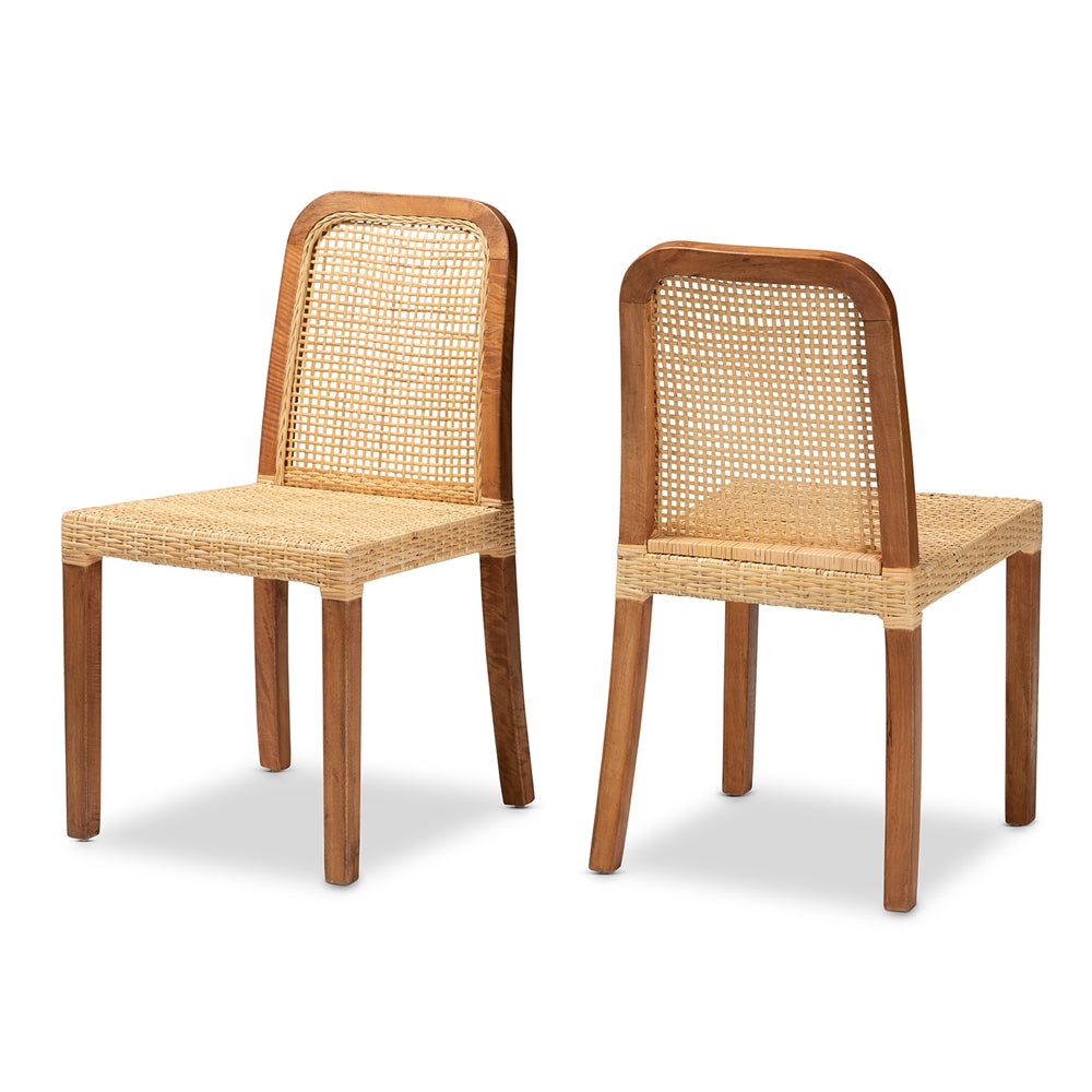 Baxton Studio Caspia Mid-Century Modern Walnut Brown Mahogany Wood And Natural Rattan 2-Piece Dining Chair Set