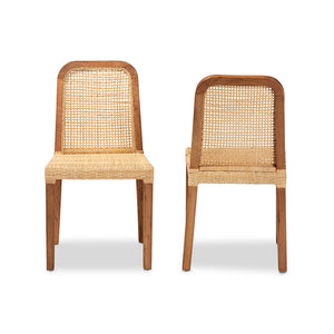 Baxton Studio Caspia Mid-Century Modern Walnut Brown Mahogany Wood And Natural Rattan 2-Piece Dining Chair Set