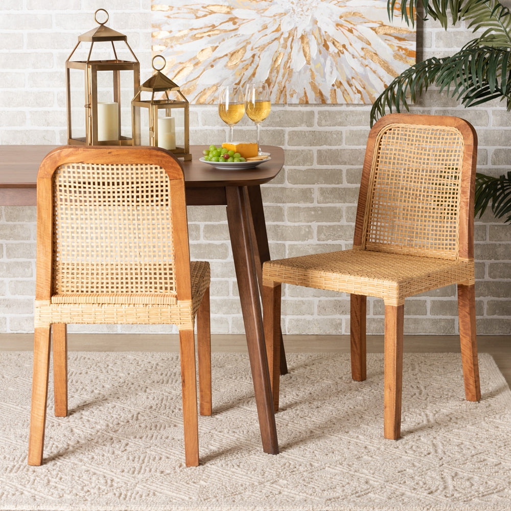 Baxton Studio Caspia Mid-Century Modern Walnut Brown Mahogany Wood And Natural Rattan 2-Piece Dining Chair Set