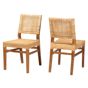 Baxton Studio Lesia Modern Bohemian Natural Brown Rattan And Walnut Brown Mahogany Wood 2-Piece Dining Chair Set