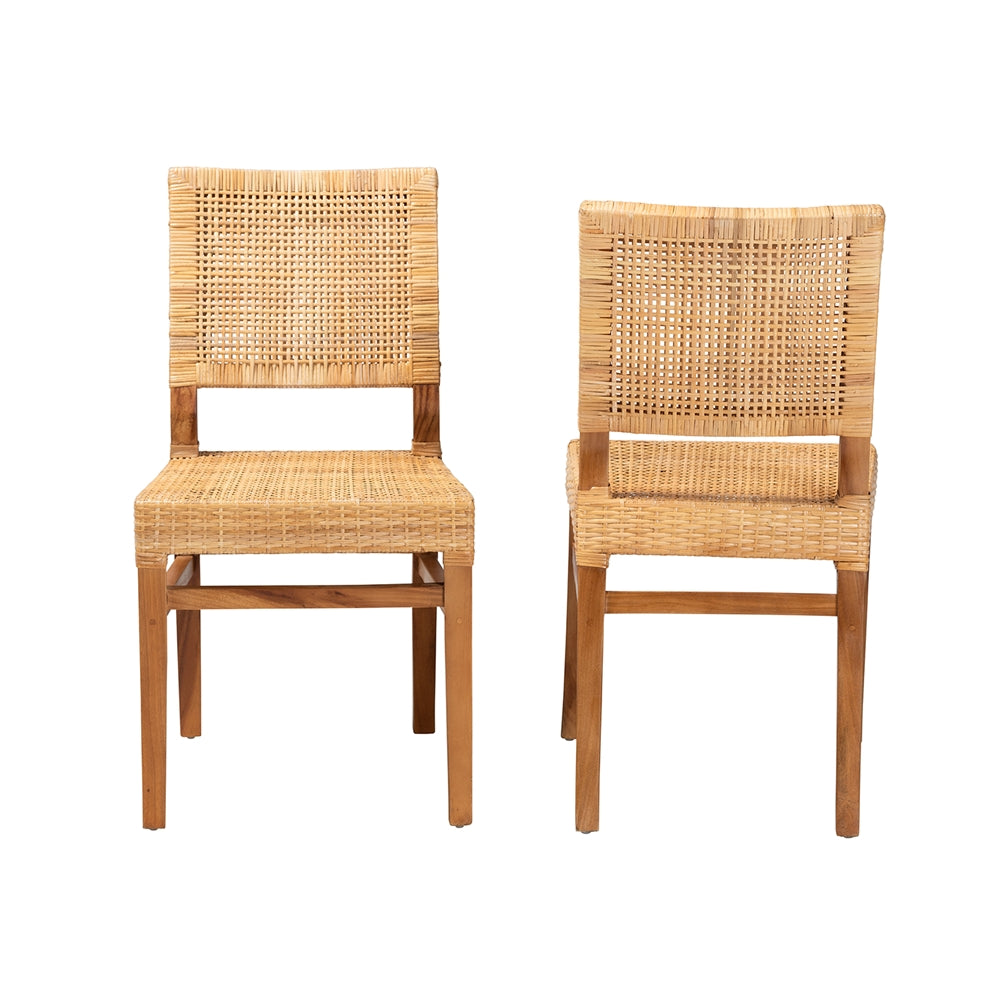 Baxton Studio Lesia Modern Bohemian Natural Brown Rattan And Walnut Brown Mahogany Wood 2-Piece Dining Chair Set