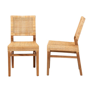 Baxton Studio Lesia Modern Bohemian Natural Brown Rattan And Walnut Brown Mahogany Wood 2-Piece Dining Chair Set