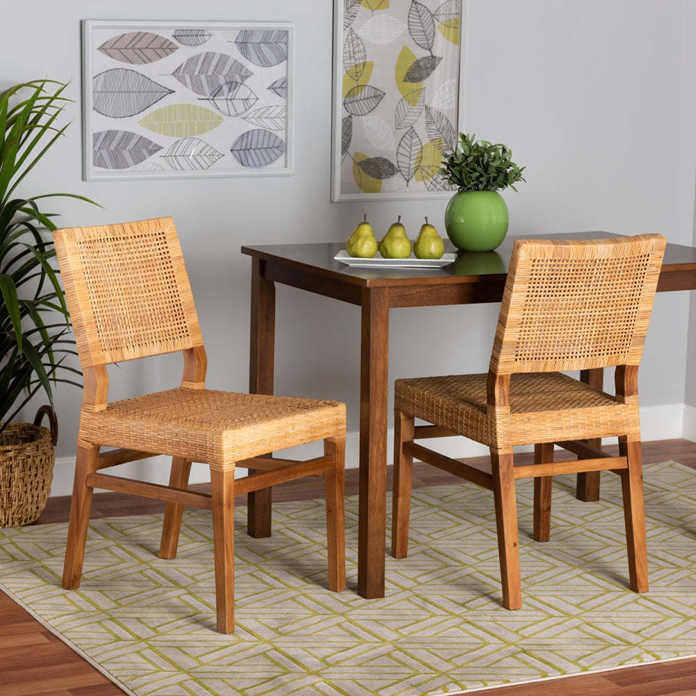 BAXTON STUDIO LESIA MODERN BOHEMIAN NATURAL BROWN RATTAN AND WALNUT BROWN MAHOGANY WOOD 2-PIECE DINING CHAIR SET