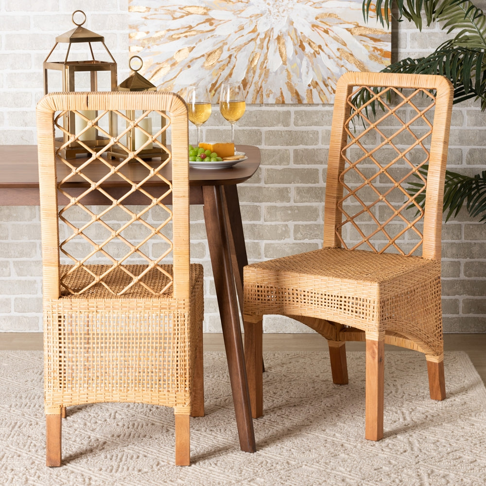 Baxton Studio Moscow Modern Bohemian Natural Brown Rattan And Walnut Brown Mahogany Wood 2-Piece Dining Chair Set