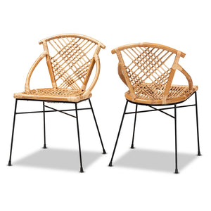 Baxton Studio Pro Modern Bohemian Natural Brown Rattan And Black Metal 2-Piece Dining Chair Set