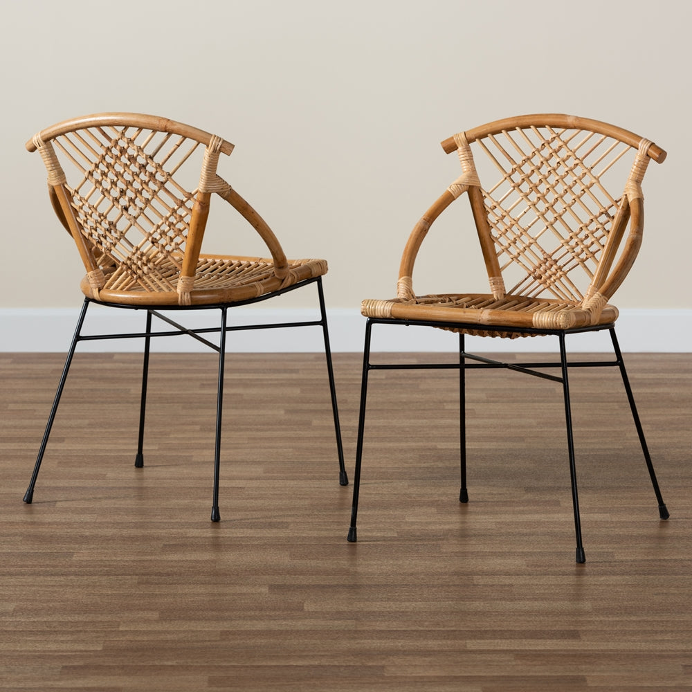 Baxton Studio Pro Modern Bohemian Natural Brown Rattan And Black Metal 2-Piece Dining Chair Set