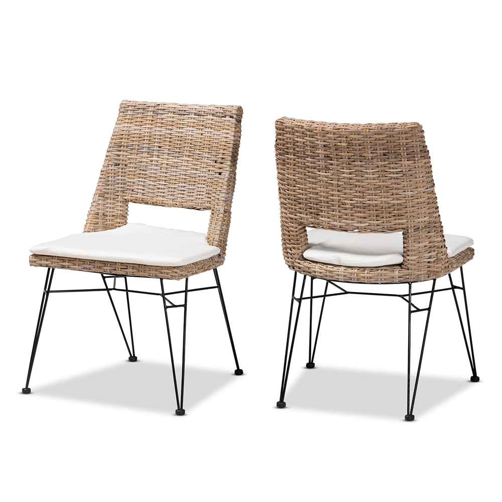 Baxton Studio Nafaro Modern Bohemian Greywashed Natural Rattan Metal Dining Chair With Cushion 2-Piece Set