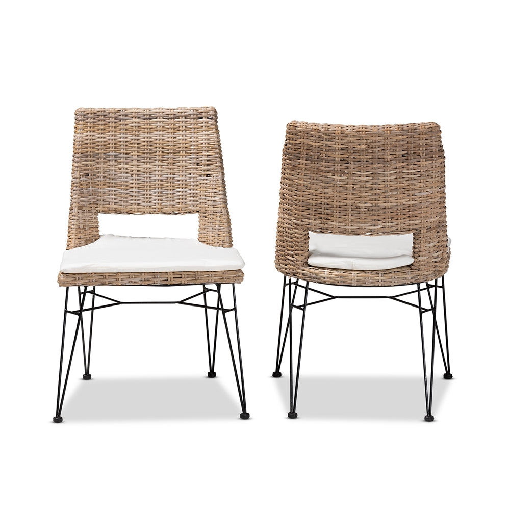 Baxton Studio Nafaro Modern Bohemian Greywashed Natural Rattan Metal Dining Chair With Cushion 2-Piece Set