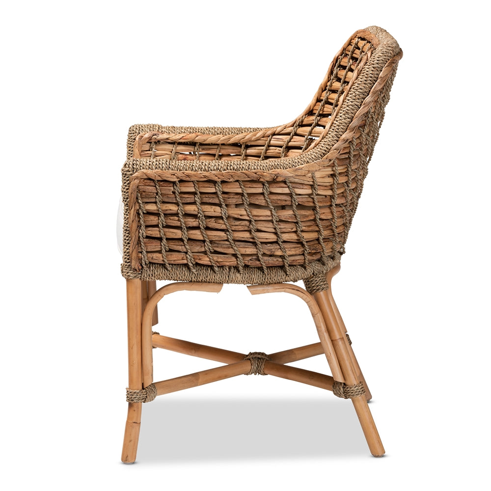 Baxton Studio Kyle Modern Bohemian Natural Brown Woven Rattan Dining Arm Chair With Cushion