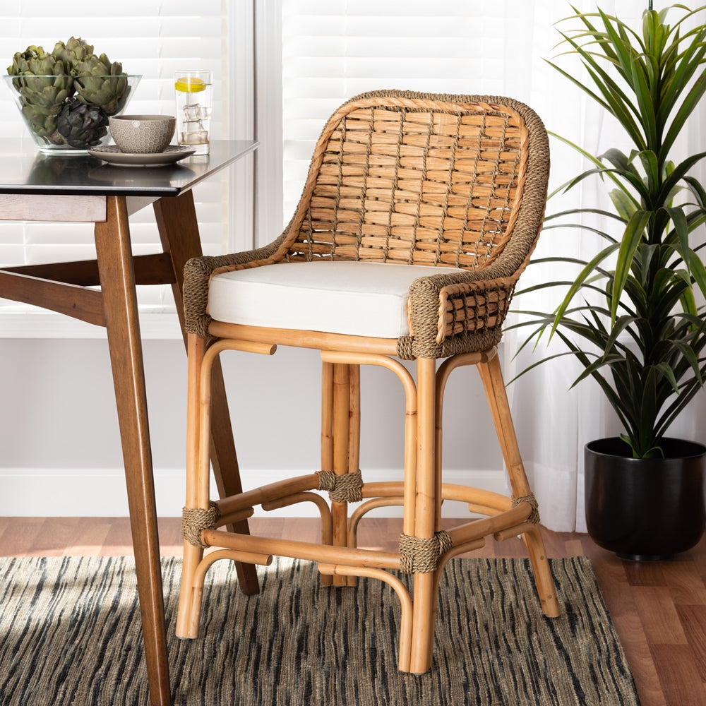 Baxton Studio Kyle Modern Bohemian Natural Brown Woven Rattan Counter Stool With Cushion