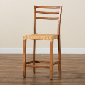 Baxton Studio Arthur Mid-Century Modern Walnut Brown Mahogany Wood And Natural Rattan Counter Stool