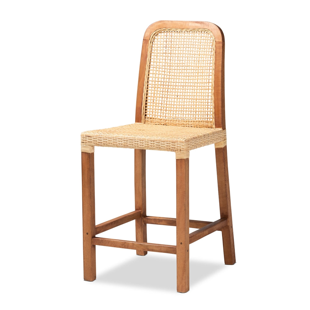 Baxton Studio Caspia Mid-Century Modern Walnut Brown Mahogany Wood And Natural Rattan Counter Stool