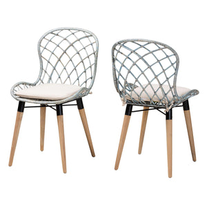 Baxton Studio Sabelle Modern Bohemian Natural Brown Finished Teak Wood And Light Blue Rattan 2-Piece Dining Chair Set