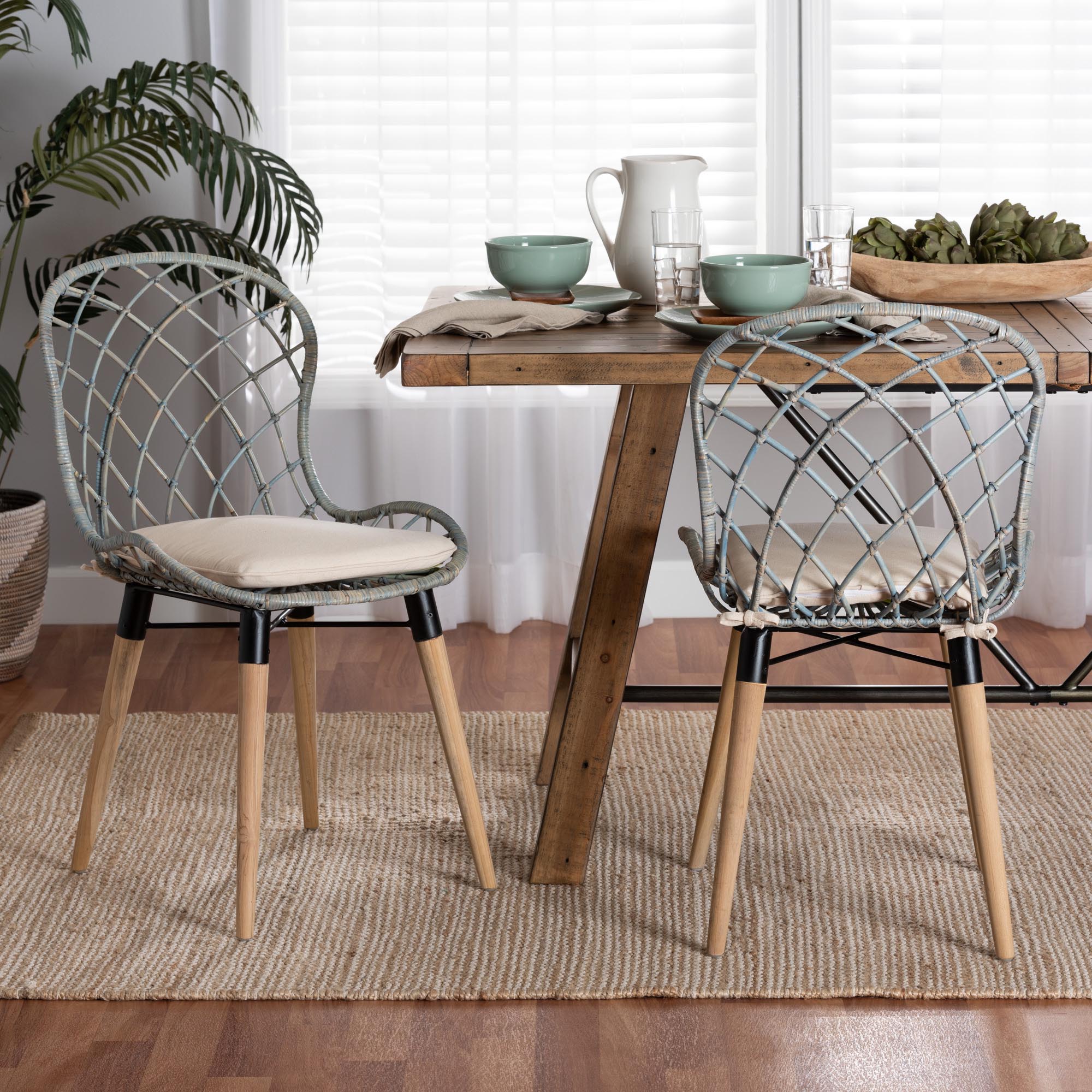 Baxton Studio Sabelle Modern Bohemian Natural Brown Finished Teak Wood And Light Blue Rattan 2-Piece Dining Chair Set