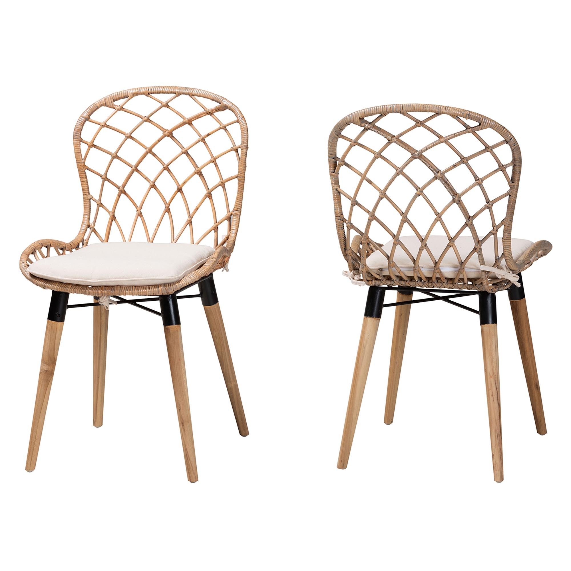 Baxton Studio Sabelle Modern Bohemian Natural Brown Finished Teak Wood And Greywashed Rattan 2-Piece Dining Chair Set