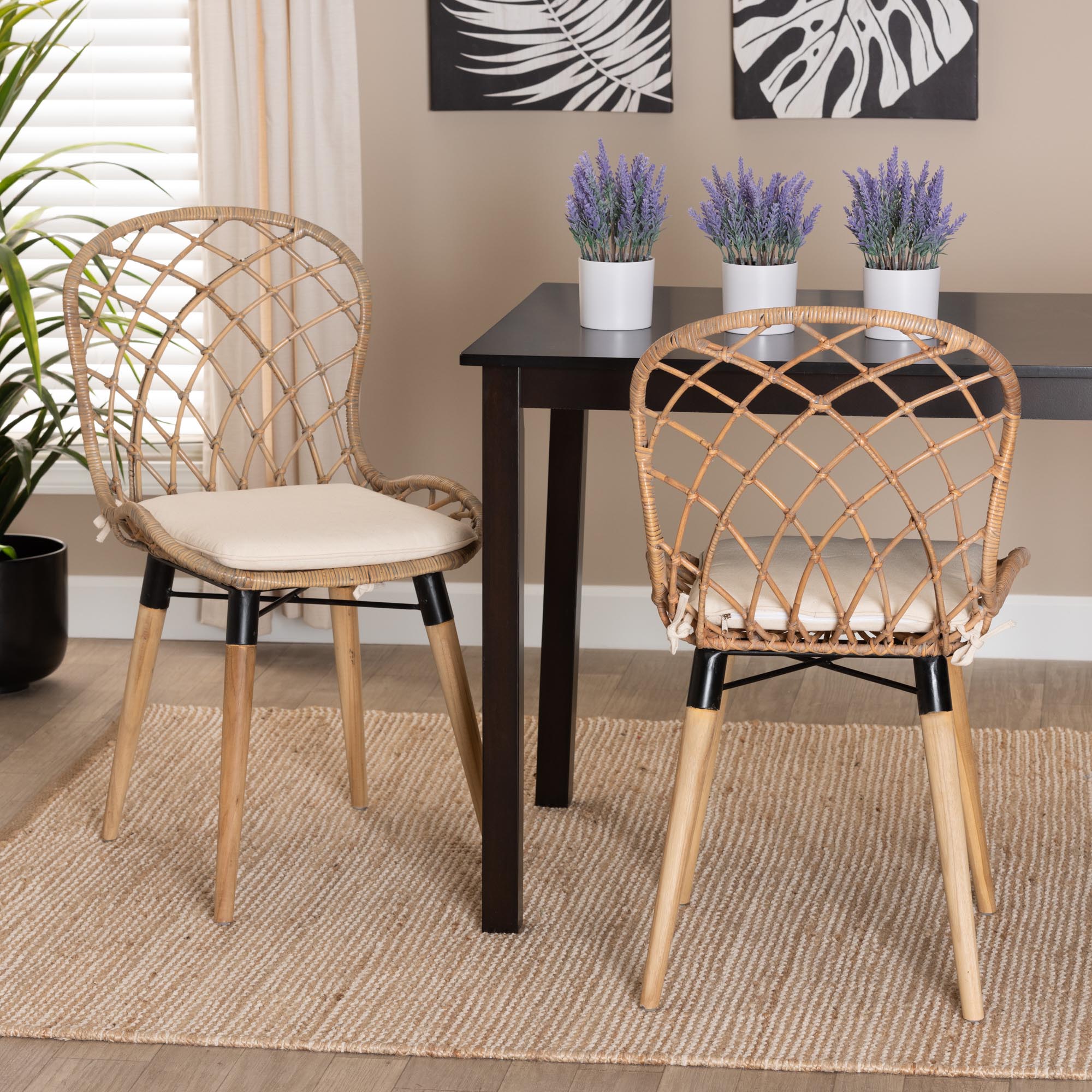 Baxton Studio Sabelle Modern Bohemian Natural Brown Finished Teak Wood And Greywashed Rattan 2-Piece Dining Chair Set