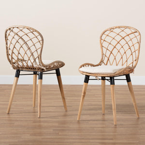 Baxton Studio Sabelle Modern Bohemian Natural Brown Finished Teak Wood And Greywashed Rattan 2-Piece Dining Chair Set