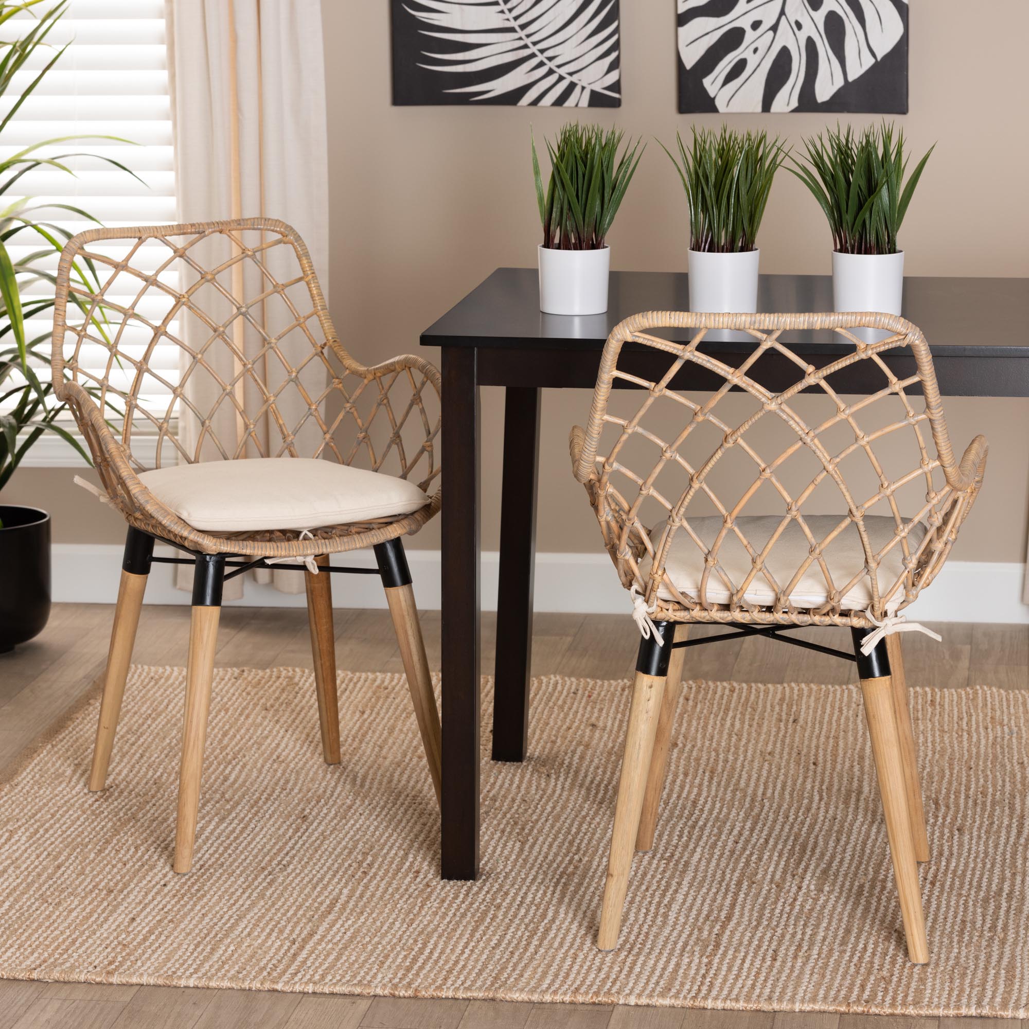 Baxton Studio Ballerina Modern Bohemian Natural Brown Finished Teak Wood And Greywashed Rattan 2-Piece Dining Chair Set