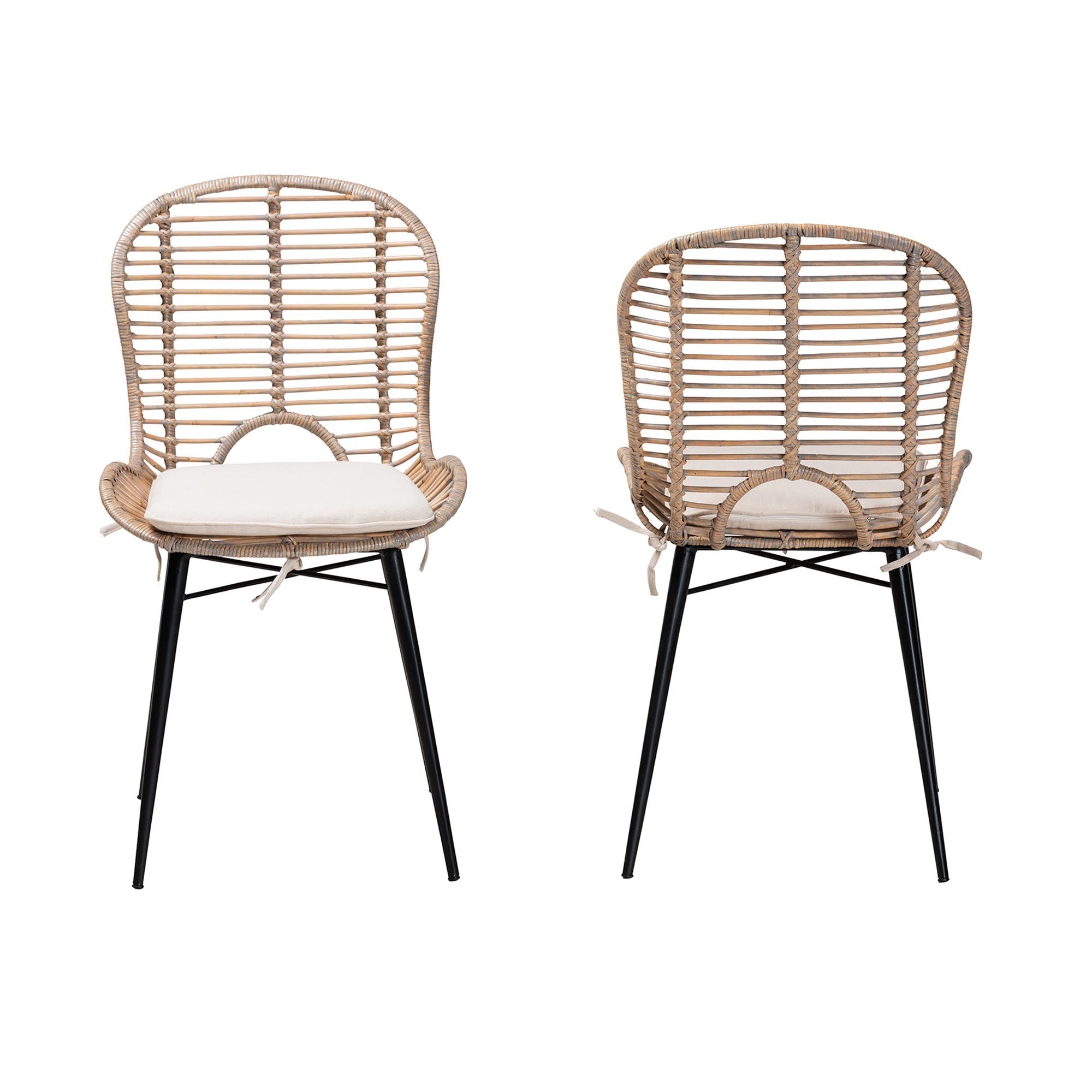 Baxton Studio Brenna Modern Bohemian Greywashed Rattan And Black Metal 2-Piece Dining Chair Set