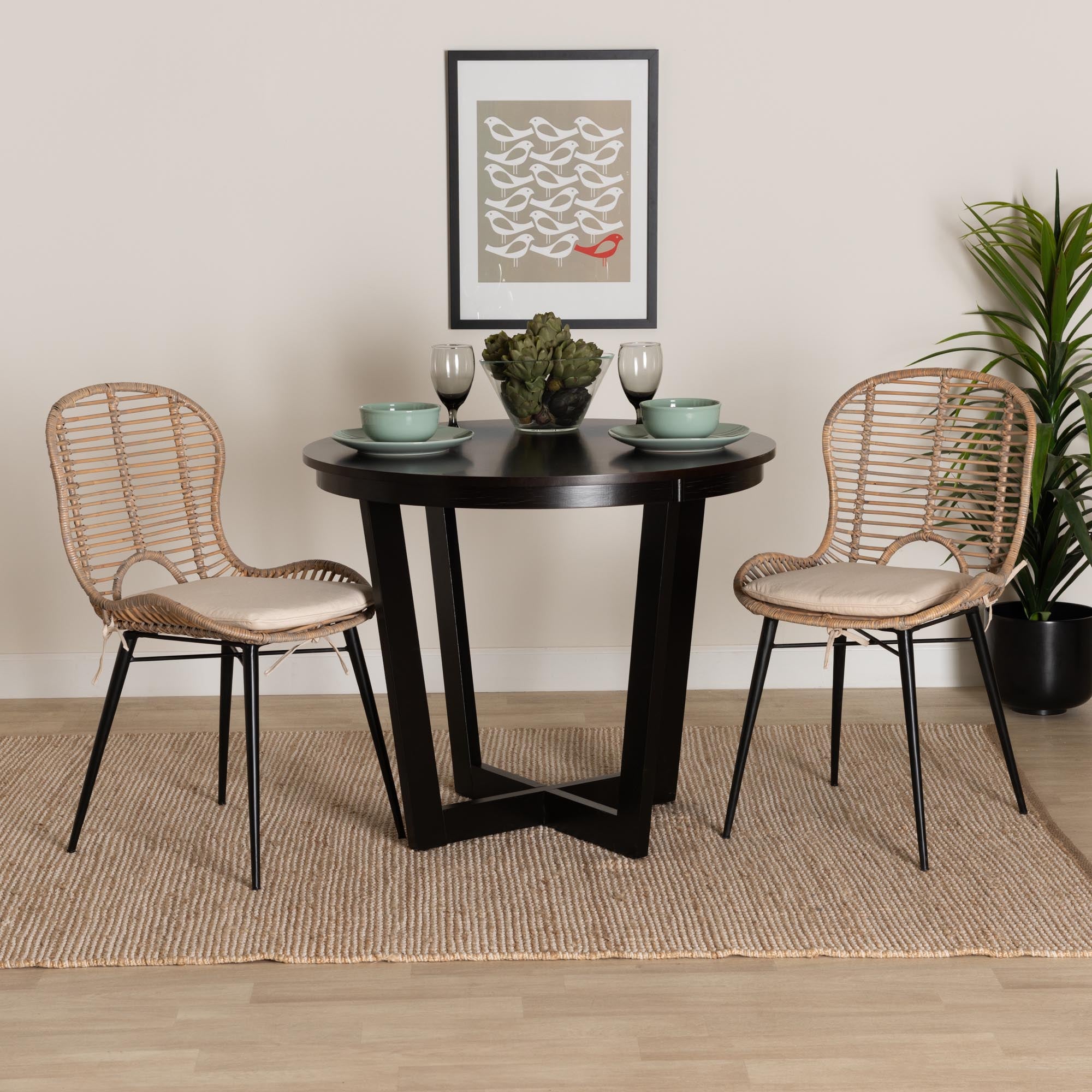 Baxton Studio Brenna Modern Bohemian Greywashed Rattan And Black Metal 2-Piece Dining Chair Set