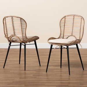 Baxton Studio Brenna Modern Bohemian Greywashed Rattan And Black Metal 2-Piece Dining Chair Set