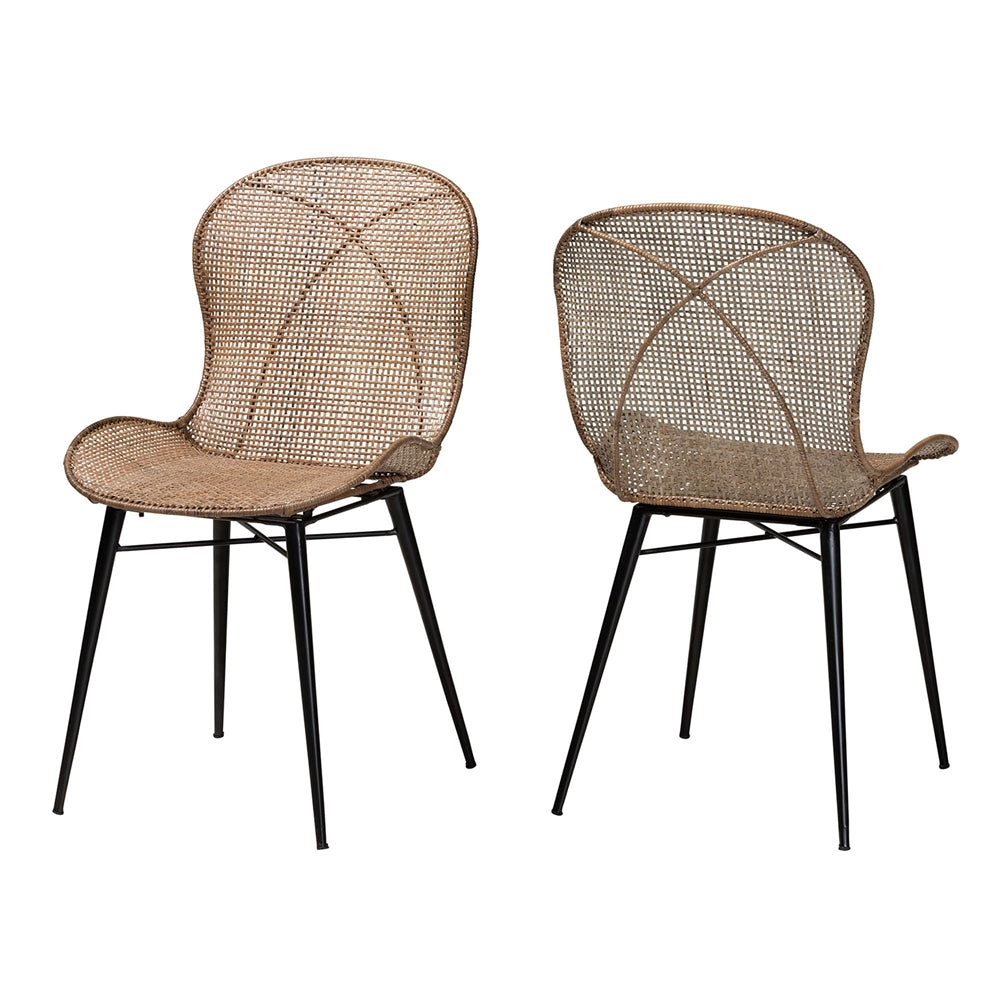 Baxton Studio Sabelle Japandi Greywashed Rattan And Black Metal 2-Piece Dining Chair Set