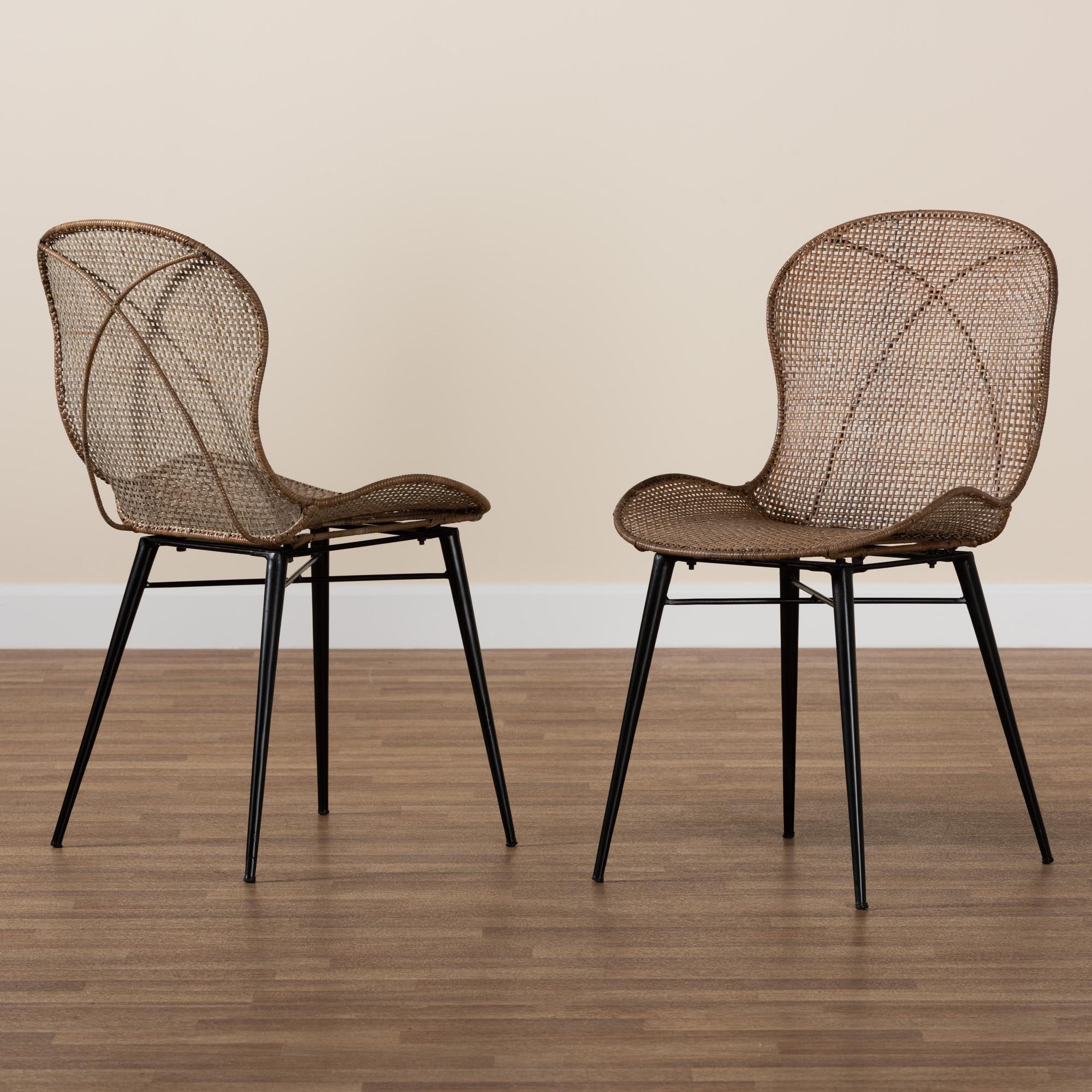 Baxton Studio Sabelle Japandi Greywashed Rattan And Black Metal 2-Piece Dining Chair Set