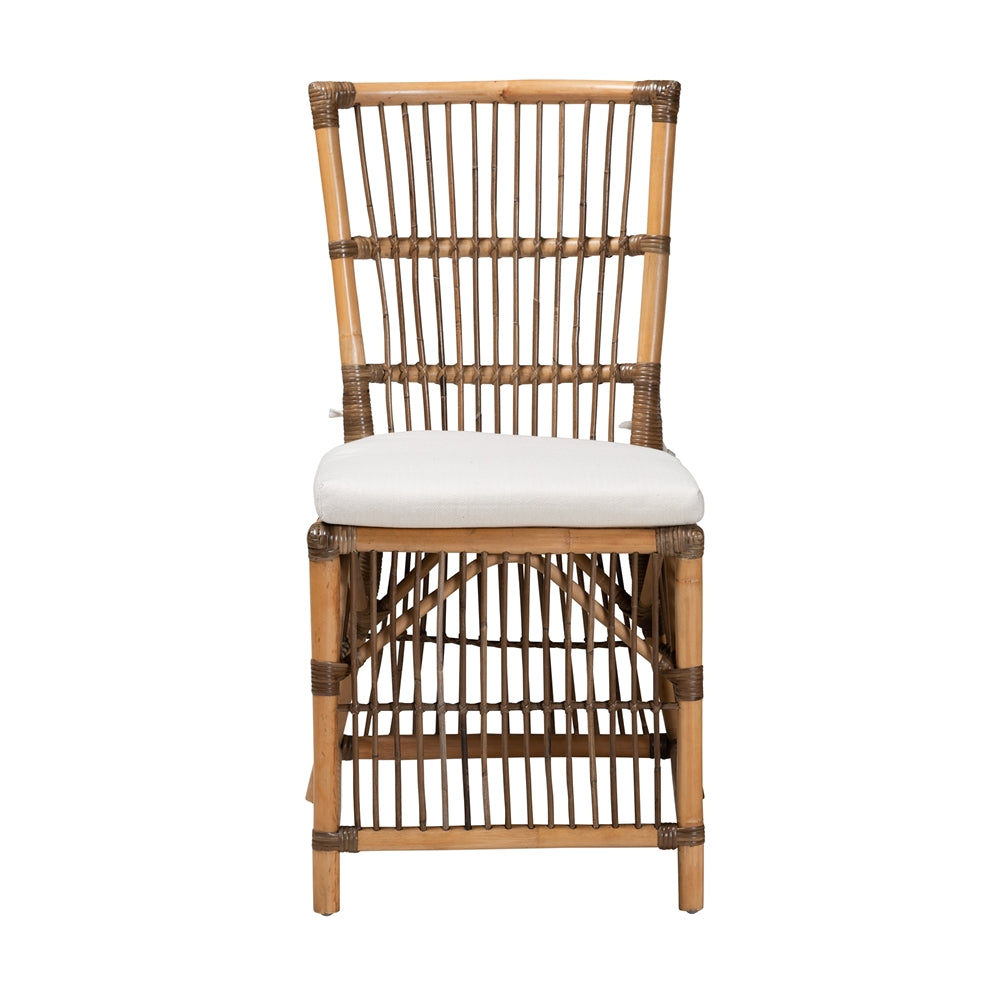 Baxton Studio Kim Modern Bohemian White Fabric And Natural Brown Rattan Dining Chair