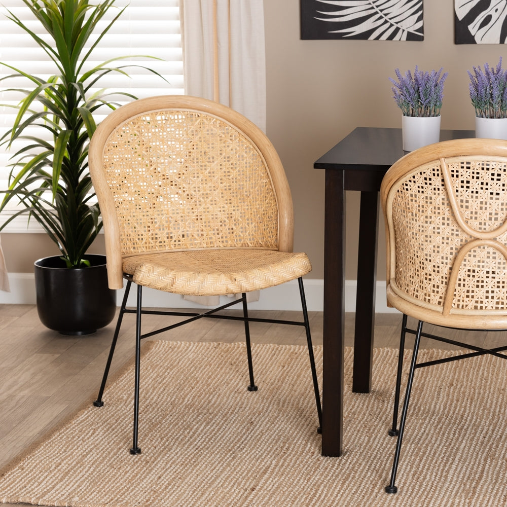 Baxton Studio Lisa Modern Bohemian Natural Brown Rattan And Black Metal Dining Chair