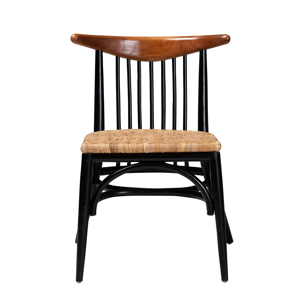 Baxton Studio Parthenia Mid-Century Modern Two-Tone Black And Walnut Brown Finished Mahogany Wood And Natural Rattan Dining Chair