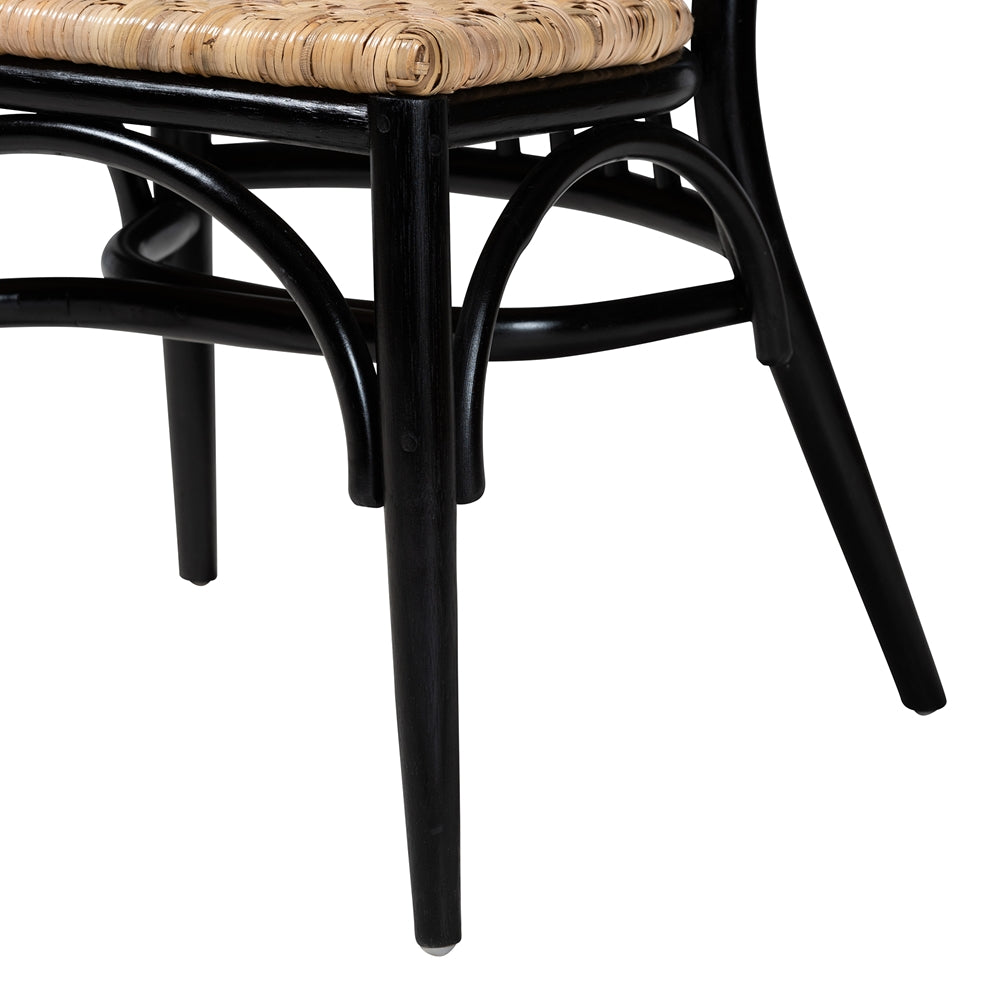 BAXTON STUDIO PARTHENIA MID-CENTURY MODERN TWO-TONE BLACK AND WALNUT BROWN FINISHED MAHOGANY WOOD AND NATURAL RATTAN DINING CHAIR