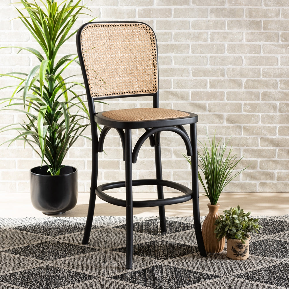 Baxton Studio Vance Mid-Century Modern Brown Woven Rattan And Black Wood Cane Counter Stool