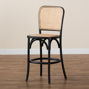 Baxton Studio Vance Mid-Century Modern Brown Woven Rattan And Black Wood Cane Counter Stool