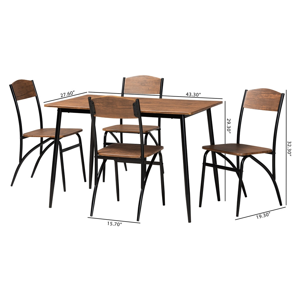 Baxton Studio Neona Modern Industrial Walnut Brown Finished Wood And Black Metal 5-Piece Dining Set