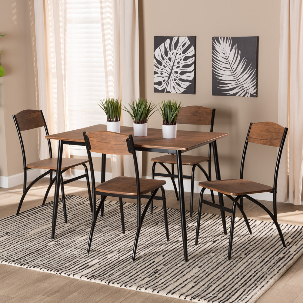 Baxton Studio Neona Modern Industrial Walnut Brown Finished Wood And Black Metal 5-Piece Dining Set