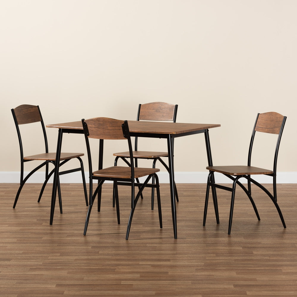 Baxton Studio Neona Modern Industrial Walnut Brown Finished Wood And Black Metal 5-Piece Dining Set