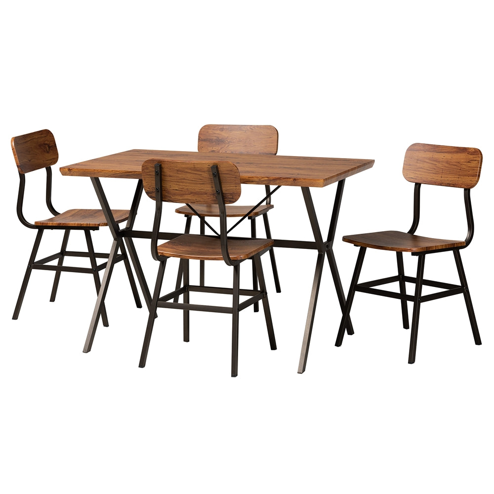 Baxton Studio Irwin Modern Industrial Walnut Brown Finished Wood And Black Metal 5-Piece Dining Set