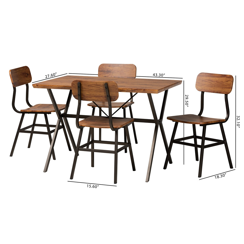 Baxton Studio Irwin Modern Industrial Walnut Brown Finished Wood And Black Metal 5-Piece Dining Set