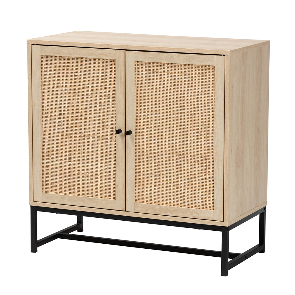 Baxton Studio Caterina Mid-Century Modern Transitional Natural Brown Finished Wood And Natural Rattan 2-Door Storage Cabinet