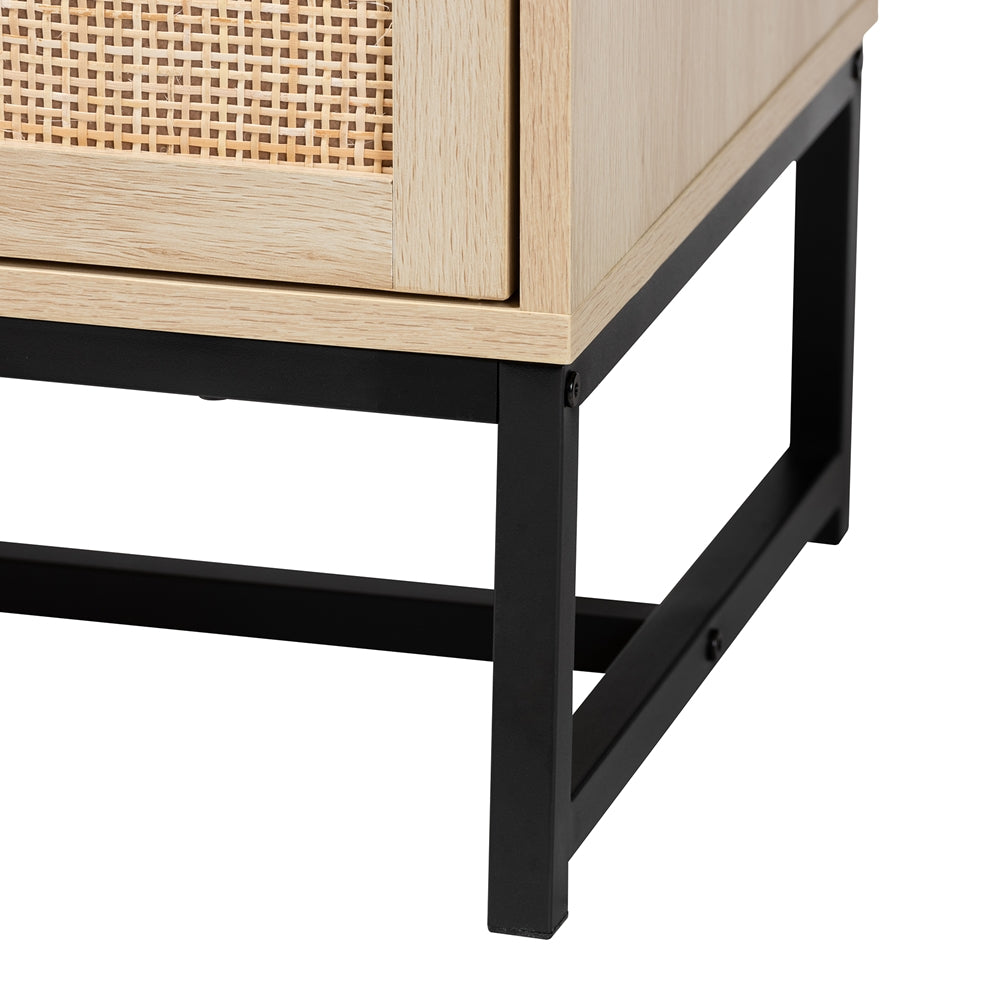 Baxton Studio Caterina Mid-Century Modern Transitional Natural Brown Finished Wood And Natural Rattan 2-Door Storage Cabinet