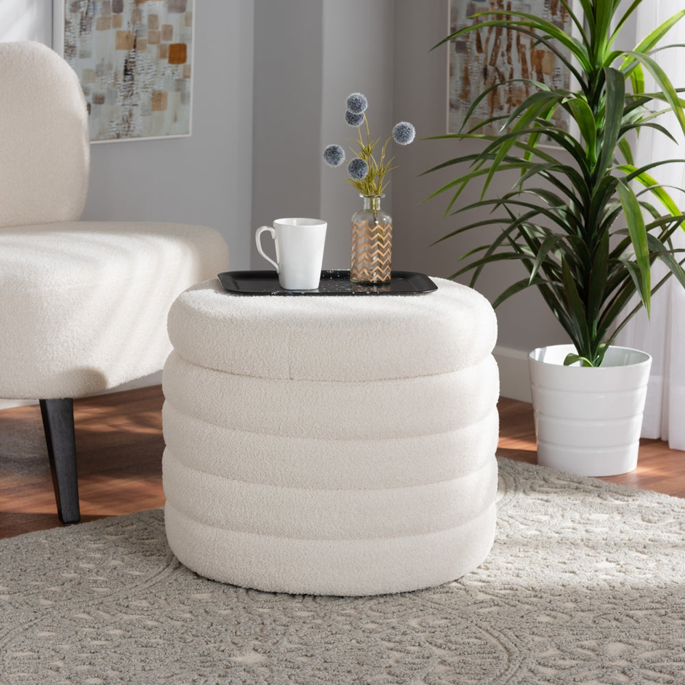 BAXTON STUDIO TABITHA MODERN AND CONTEMPORARY IVORY BOUCLE UPHOLSTERED STORAGE OTTOMAN